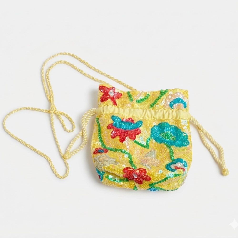 Vintage Mary McFadden Glass Beads & Sequin Floral
Drawstring Pouch